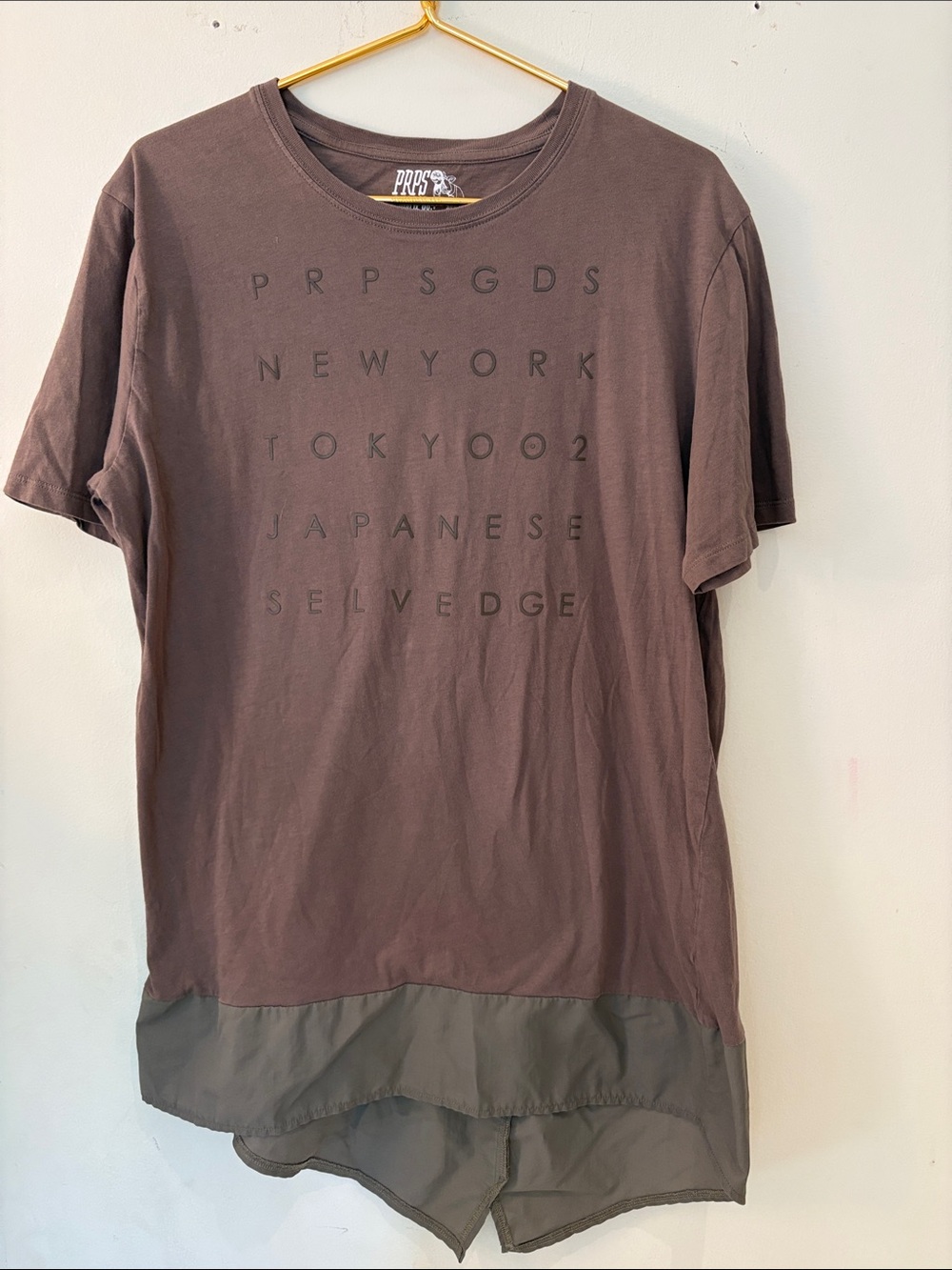 PRPS Goods & Co. light brown Japanese selvage mixed media short sleeve Sz 2 X